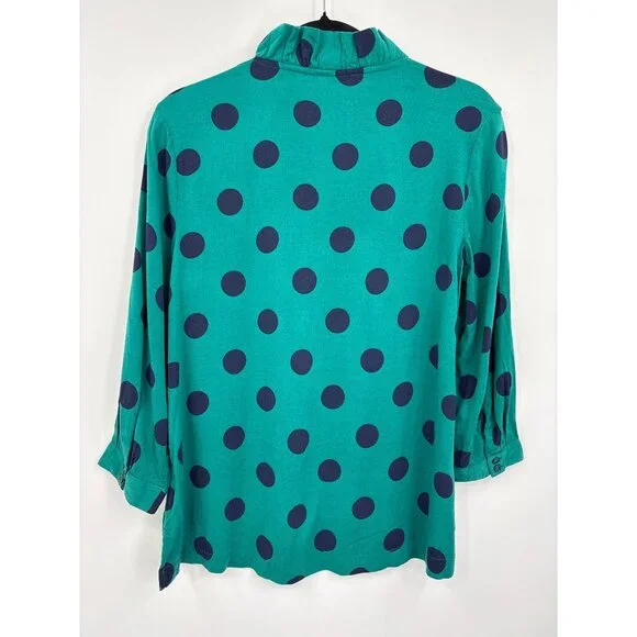 Crown & Ivy Ruffle Neck Polka Dot Blouse Top 3/4 Sleeve Green XS NEW - Picture 5 of 5